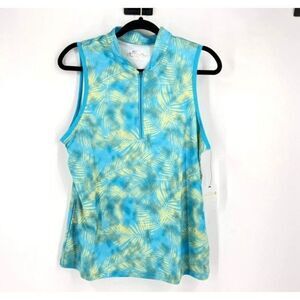 NWT 18 Birdies Womens Sleeveless Palm Leaf Print Athletic Top Blue Yellow Medium